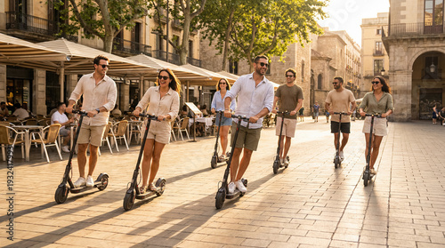 Friends riding electric scooters in city plaza