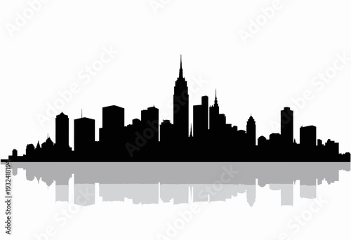 Silhouette of a Modern Metropolitan Skyline with a Reflection Against a White Background Featuring Skyscrapers and Diverse Architectural Structures