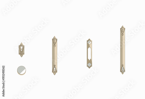 Collection of five ornate metallic handles and decorative hardware pieces with intricate geometric designs on a white background