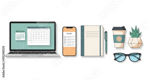 Modern workspace setup with laptop, smartphone, notebook, coffee, glasses, and plant.