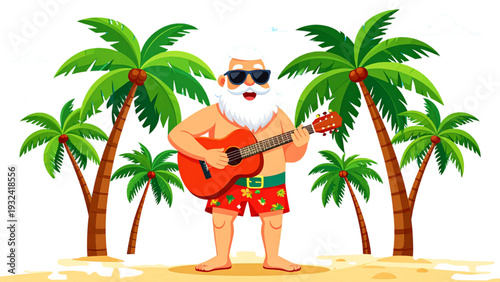 Funny Santa Claus playing guitar in summer outfit, tropical Christmas cartoon character illustration isolated on white background