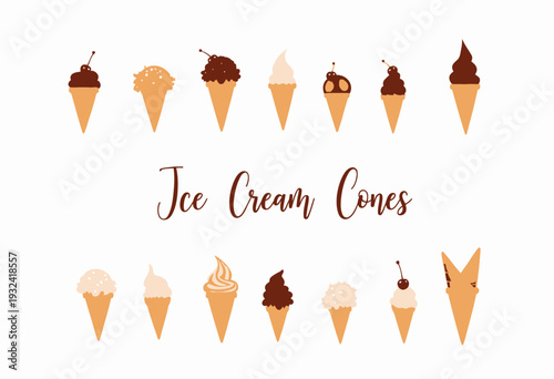 Assorted Ice Cream Cones Display with Various Flavors and Toppings Including Chocolate, Vanilla, Strawberry, and Cherry on White Background