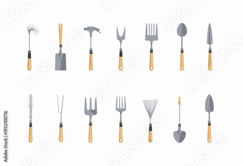 Collection of Various Gardening Tools with Wooden Handles Including Shovels, Forks, and Specialty Implements Lined Up on a Plain Background