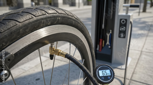 Public bike repair station inflating tire