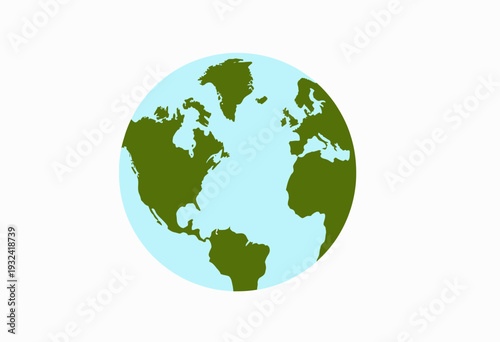 Illustration of the Earth depicted with green continents and blue oceans, showcasing the planet's geographical features in a minimalistic style on a white background