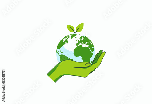 Illustration of a green hand holding a globe with leaves symbolizing environmental conservation, sustainability, and the importance of nurturing the planet