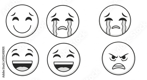 Collection of various black and white emoji faces expressing different emotions and feelings.