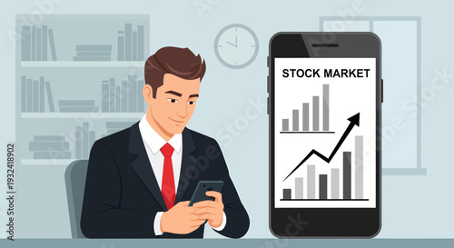 A confident, smiling businessman in a sharp dark suit and red tie checks his mobile phone next to a giant smartphone displaying an impressively upward-trending stock market chart in the bright office