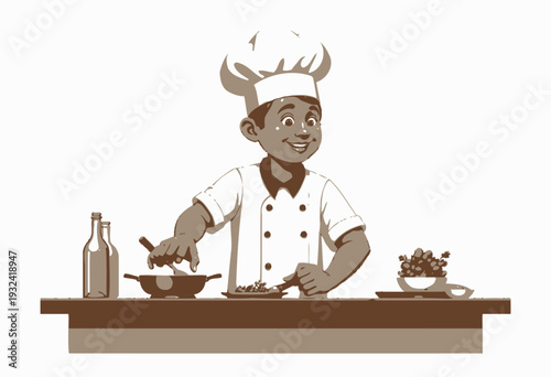 Smiling cartoon chef enthusiastically cooking with fresh ingredients, wearing a professional white uniform and hat, blending flavors for a delightful culinary creation