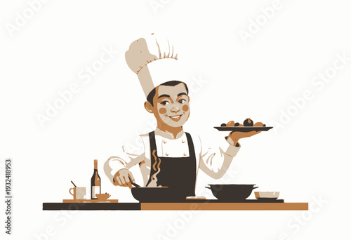Smiling Chef with Tall Hat Skillfully Cooks and Presents a Steaming Dish in a Modern Kitchen Setting Over Wooden Counter