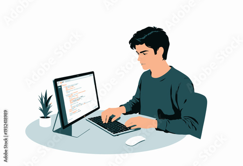 Focused young individual coding diligently on a laptop, showcasing concentration and dedication in a modern workspace setting with minimalistic design elements