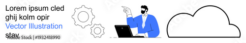 Cloud computing, business strategy, technology solutions, workflow efficiency, data management, IT services. Businessman pointing with laptop, gears cloud symbol. Cloud computing and business
