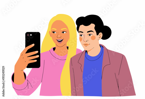 Vibrant Illustration of Two Friends Taking a Selfie Together, Capturing a Fun and Lively Moment with Bright Colors and Expressive Features