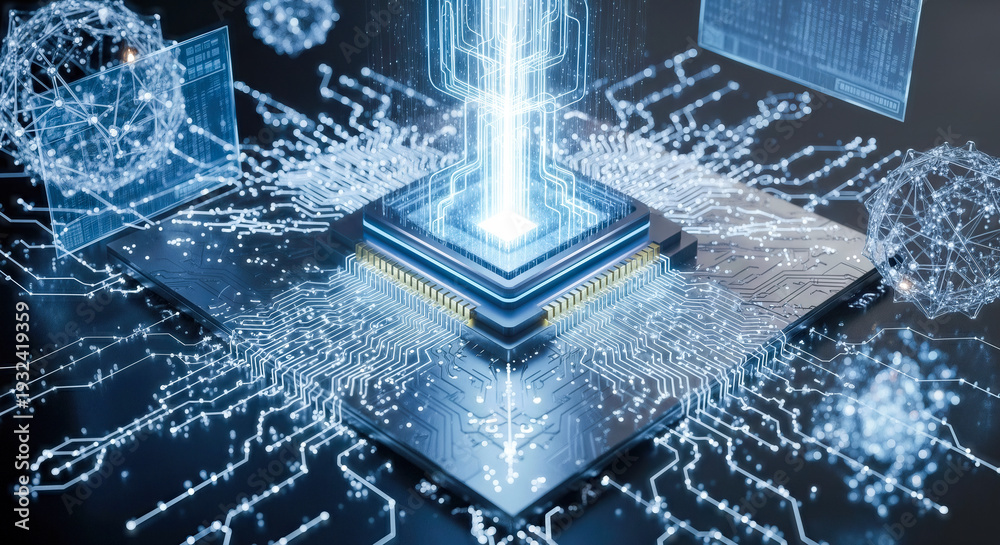 Naklejka premium Futuristic quantum computer processor chip with glowing blue data streams and complex circuit board connections representing artificial intelligence evolution