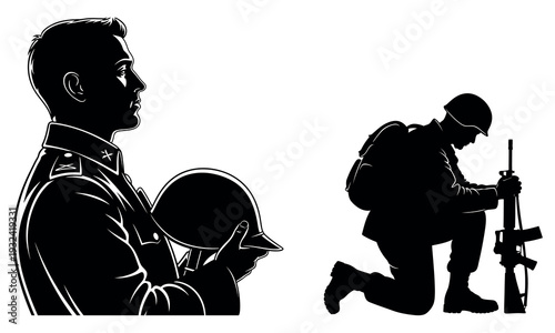 Silhouette of two soldiers in military postures