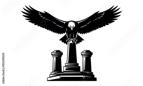 A black and white illustration of an eagle statue with outstretched wings on a pedestal