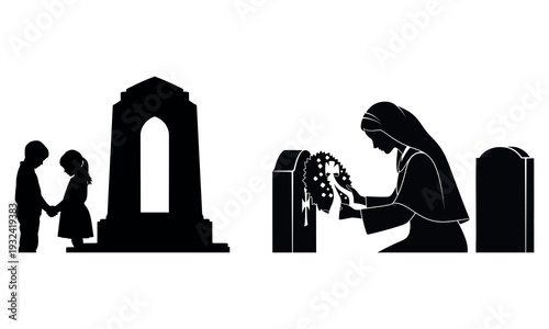 Silhouette of mourning family at cemetery with woman decorating grave