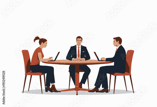 Three Professionals Engaged in Collaborative Work at a Round Table, Emphasizing Teamwork and Communication in a Modern Office Setting
