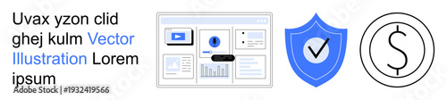 Data analytics, digital security, online payments, business management, cybersecurity, financial technology. A dashboard, a shield with a checkmark and a dollar symbol are . Digital security