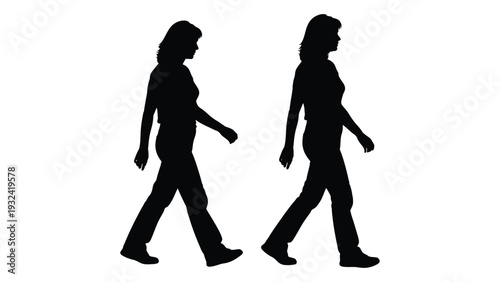 Two women walking side by side depicted as dark silhouettes against a white background