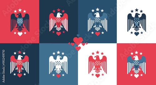 Nine panels featuring american eagle designs in patriotic colors silhouette