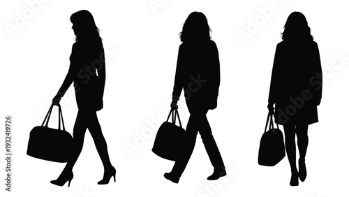 Three silhouette figures of women walking with shopping bags high quality