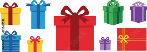 Colorful Gift Box Collection with Ribbon Bows Wrapped Present Packages for Birthday Christmas Celebration and Holiday Vector Illustration Set