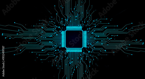 Futuristic blue glowing electronic circuit board lines converging on central square microchip processor on black background for modern technology design concept