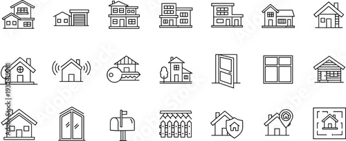 Real Estate Line Icons Vector Set with Houses, Smart Home, Property Listings and Residential Buildings Collection