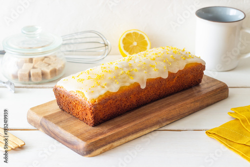 Lemon loaf cake with glaze. Baking. Vegetarian food. Recipe.