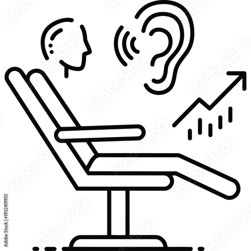 Hearing Test Icon: Patient Chair, Ear, Sound Waves, Growth Chart - Medical Audiology Healthcare Tech