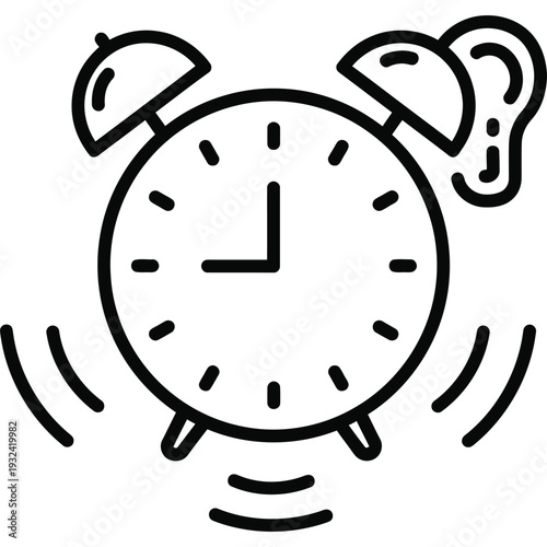 9:00 AM Alarm Clock Ringing Line Art Icon with Sound Waves & Ear Symbol - Audible Notification Concept