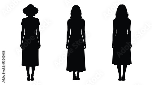 Three silhouetted women stand in a row each with different hairstyles and dresses