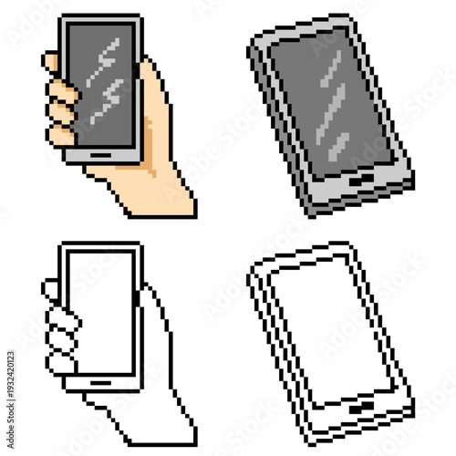 Set editable pixel smartphone vector for retro tech apps. Ideal for symbolizing 8-bit mobile devices, arcade style communication, and nostalgic digital networks.