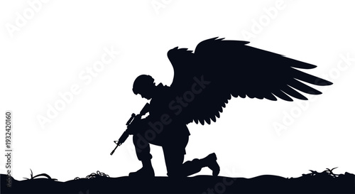Kneeling soldier with wings a powerful and symbolic image silhouette