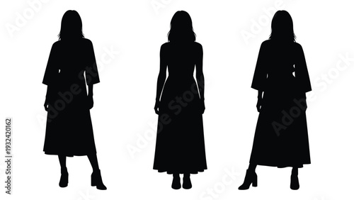 Three silhouetted women stand facing forward each with different dress styles