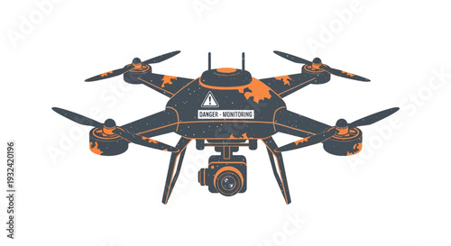 Flying drone with camera and warning sign