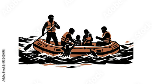 Family raft adventure, people in life vests on choppy water, rescue concept