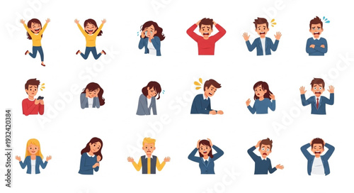 Diverse collection of people expressing various emotions and feelings in different ways.