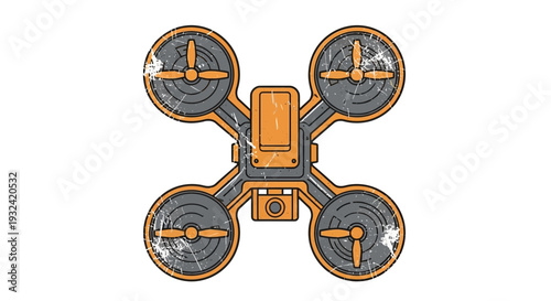 Orange and grey quadcopter drone with camera, vintage style