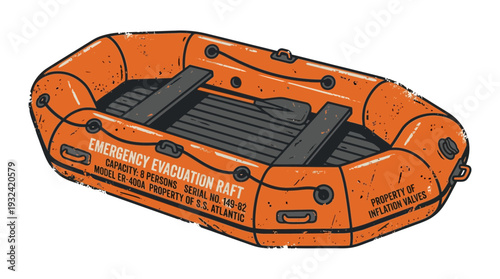 Orange emergency evacuation raft on a white background