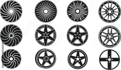 Set of modern car alloy wheel icons in black and white style, automotive rim designs collection, vehicle tire symbols for transport, racing, and auto branding concepts