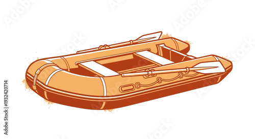 Orange inflatable raft with oars on white background