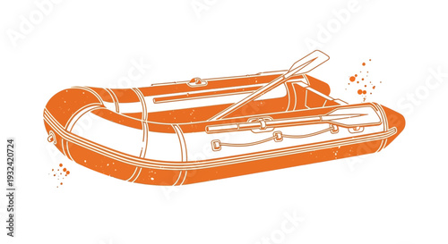 Orange inflatable raft with oars, graphic illustration