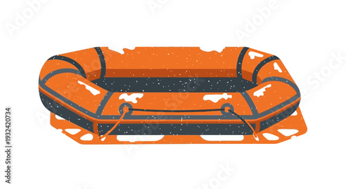 Orange inflatable raft with white accents, isolated on white background