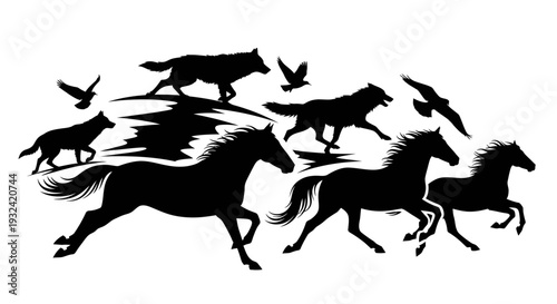 Running horses wolves and birds in a striking black silhouette