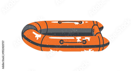 Orange inflatable raft, white background, grunge texture