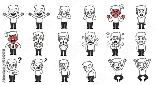 Collection of various sketched human figures expressing different emotions and feelings.