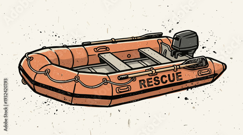 Orange inflatable rescue boat with motor and oars, illustration