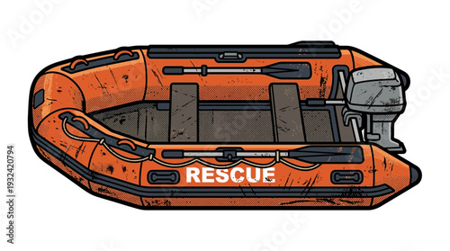 Orange inflatable rescue boat with oars and outboard motor